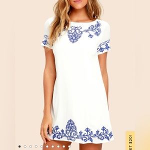 Lulus white with blue embroidery dress